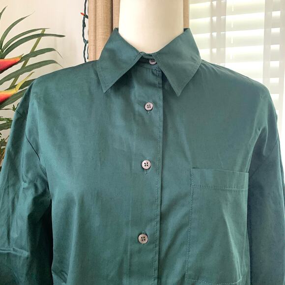Zara Asymmetric Poplin Button Up Long Sleeve Shirt in Duck Green - Picture 5 of 10